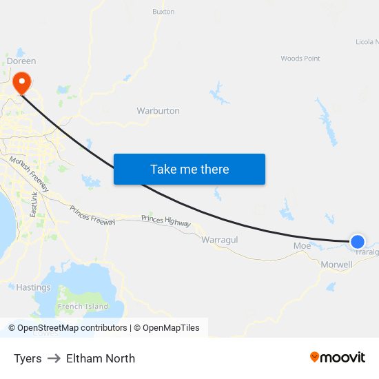 Tyers to Eltham North map