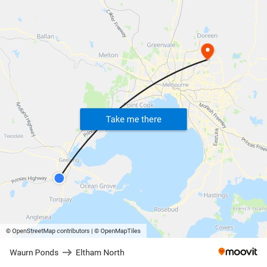 Waurn Ponds to Eltham North map