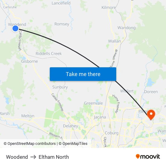 Woodend to Eltham North map