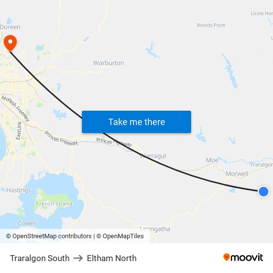 Traralgon South to Eltham North map