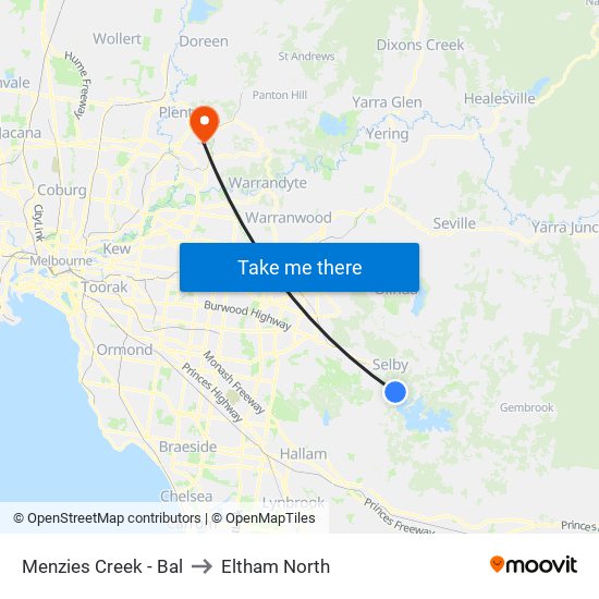 Menzies Creek - Bal to Eltham North map