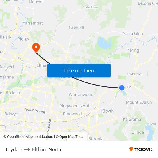 Lilydale to Eltham North map