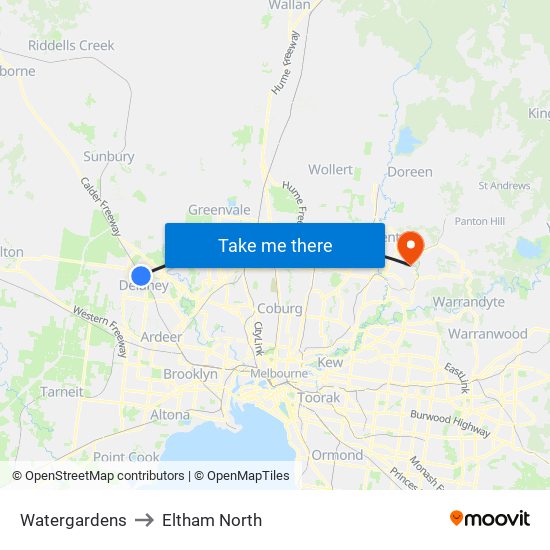 Watergardens to Eltham North map