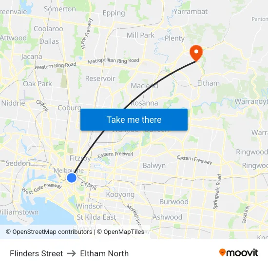 Flinders Street to Eltham North map