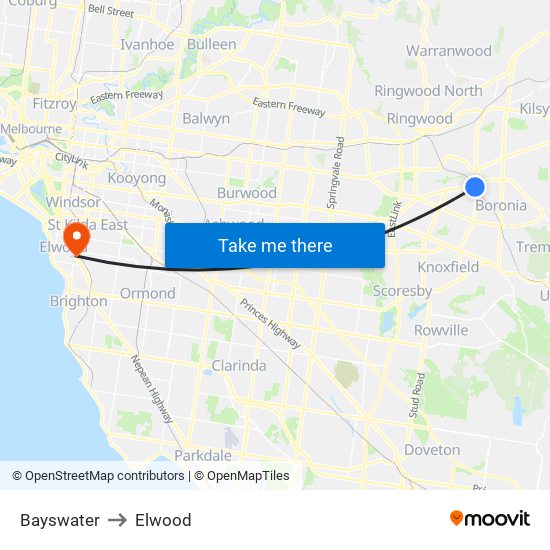 Bayswater to Elwood map