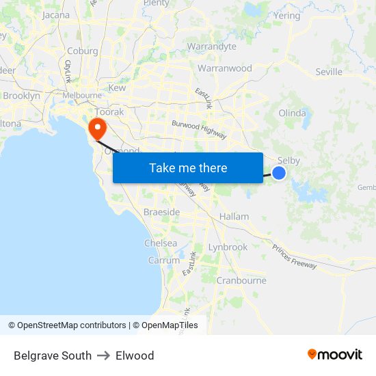 Belgrave South to Elwood map