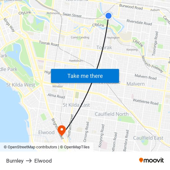 Burnley to Elwood map