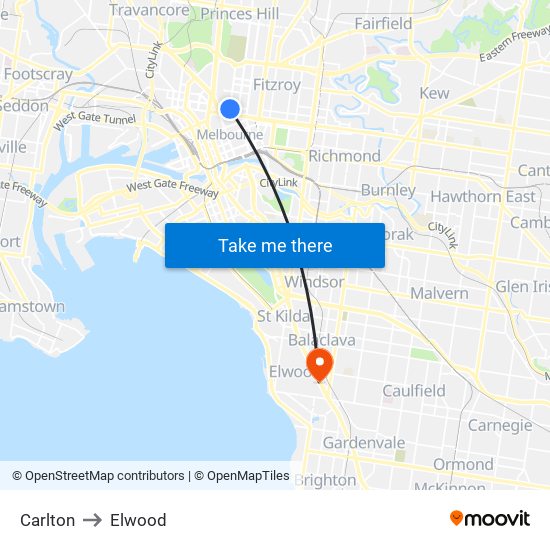 Carlton to Elwood map