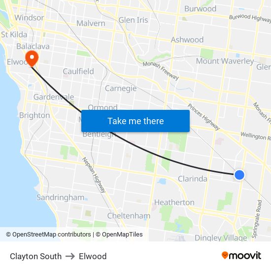 Clayton South to Elwood map