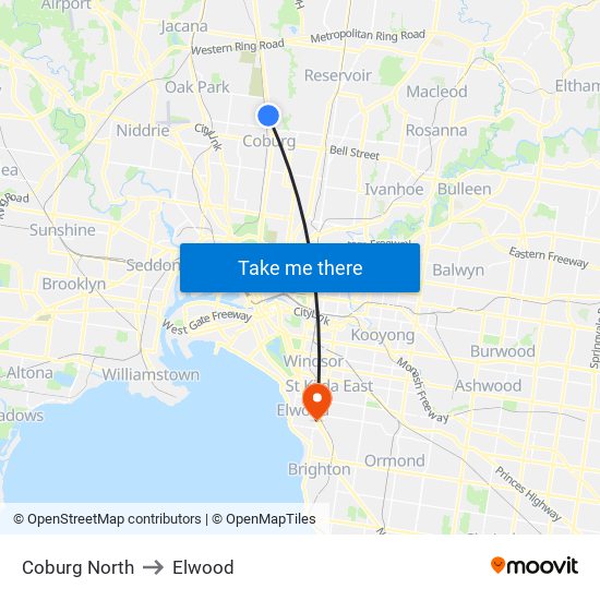 Coburg North to Elwood map
