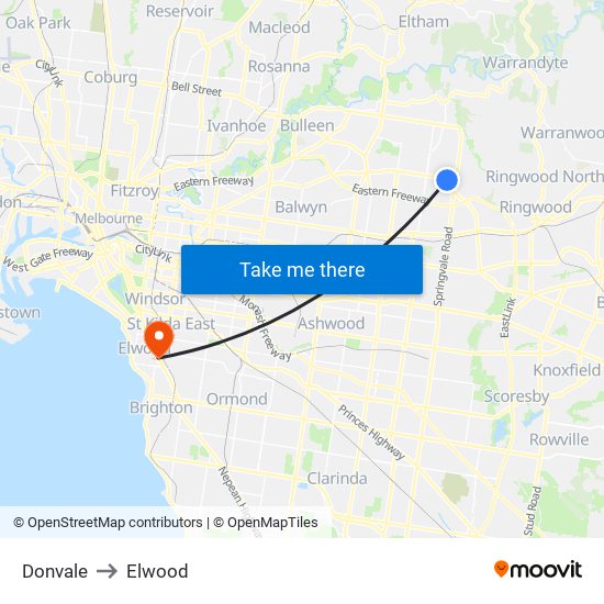 Donvale to Elwood map