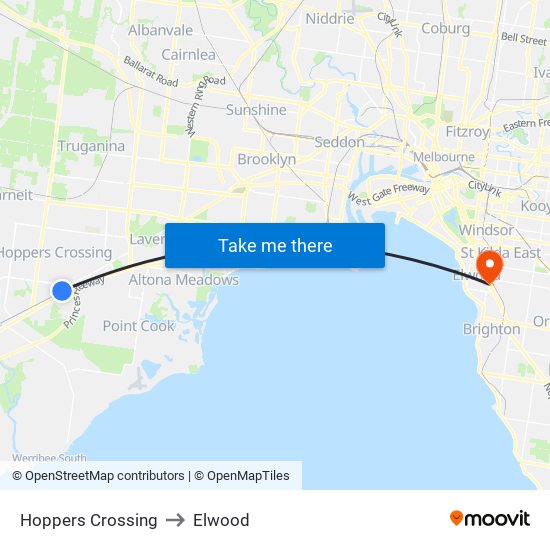Hoppers Crossing to Elwood map