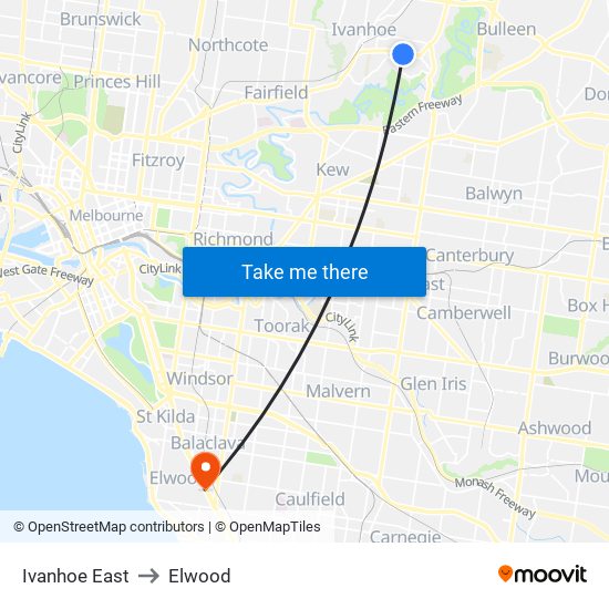 Ivanhoe East to Elwood map