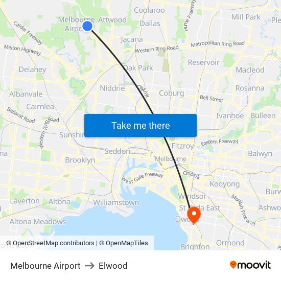 Melbourne Airport to Elwood map