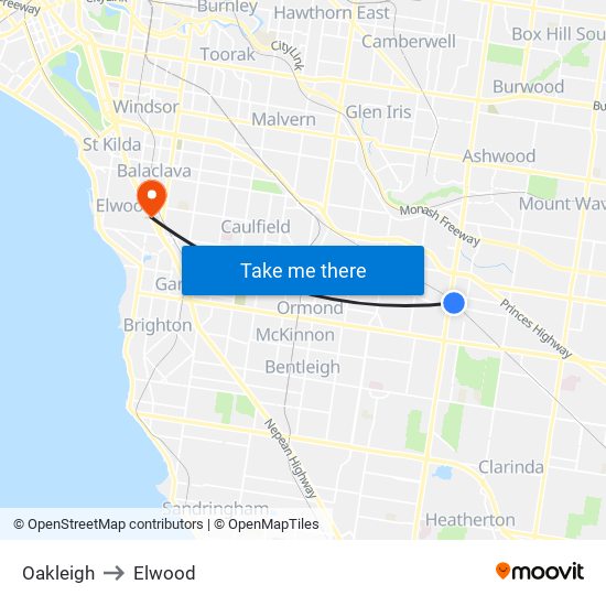 Oakleigh to Elwood map