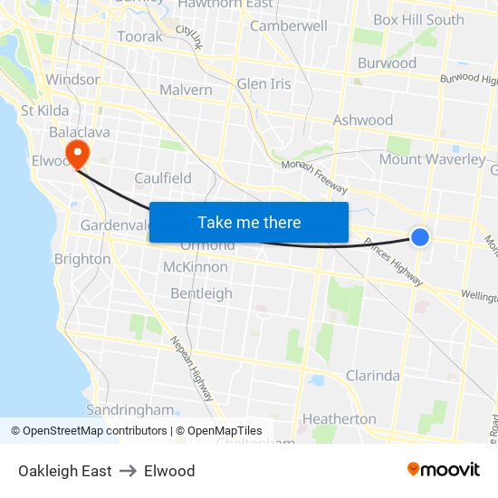 Oakleigh East to Elwood map