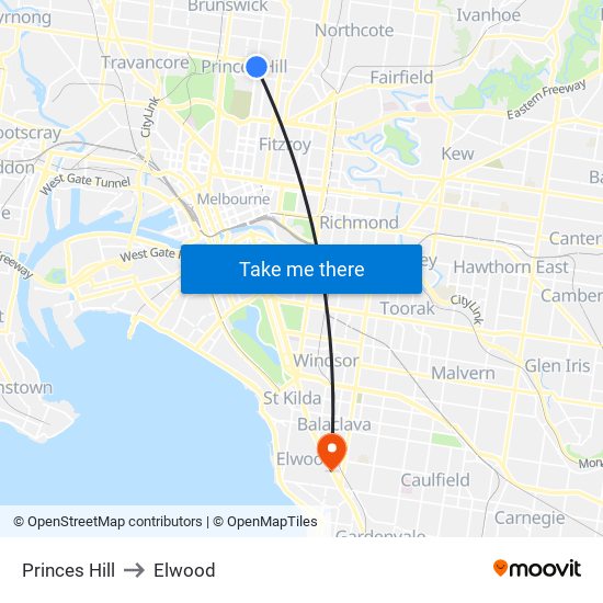 Princes Hill to Elwood map