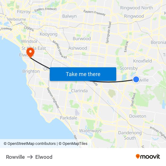 Rowville to Elwood map