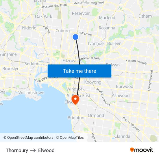 Thornbury to Elwood map
