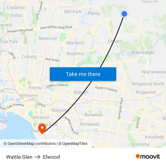 Wattle Glen to Elwood map