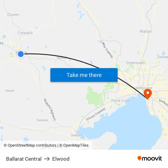 Ballarat Central to Elwood map
