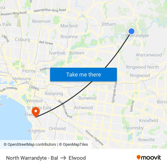 North Warrandyte - Bal to Elwood map