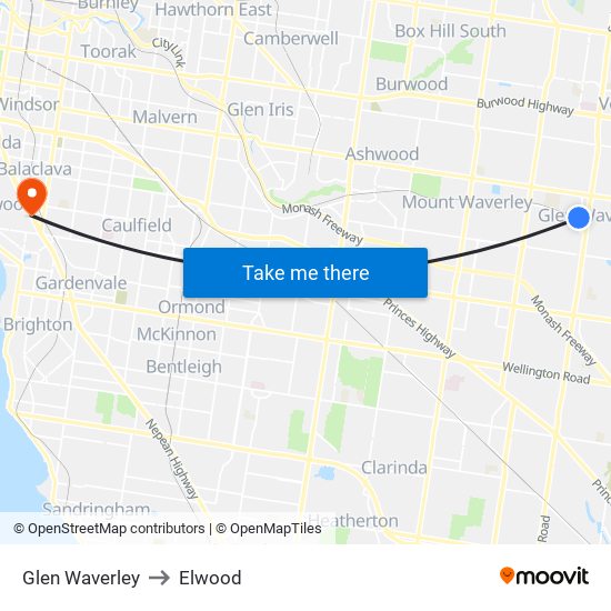 Glen Waverley to Elwood map