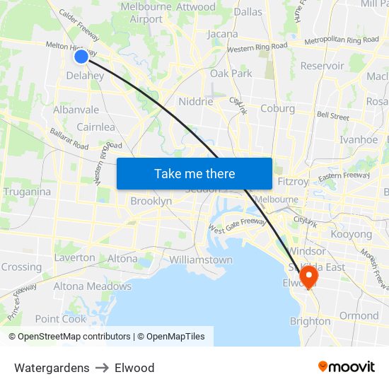 Watergardens to Elwood map