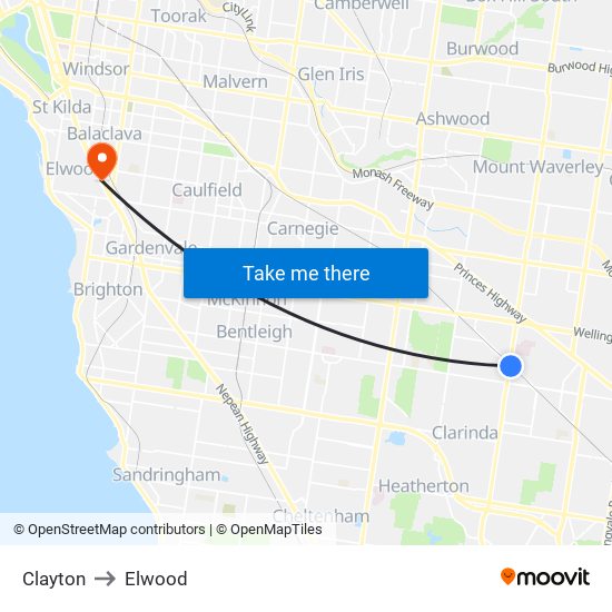 Clayton to Elwood map