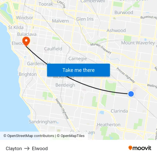 Clayton to Elwood map