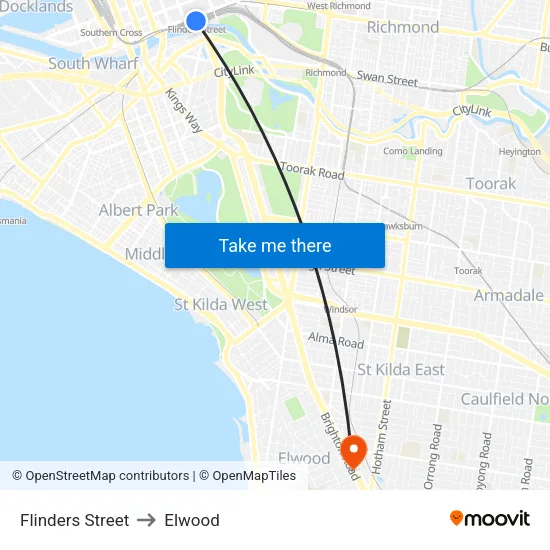 Flinders Street to Elwood map