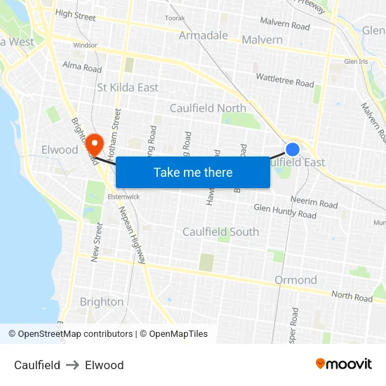Caulfield to Elwood map