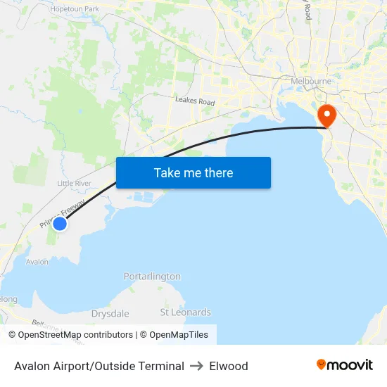 Avalon Airport/Outside Terminal to Elwood map