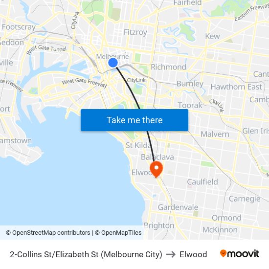 2-Collins St/Elizabeth St (Melbourne City) to Elwood map