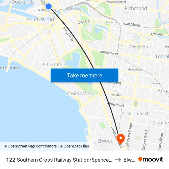 122-Southern Cross Railway Station/Spencer St (Melbourne City) to Elwood map