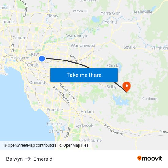 Balwyn to Emerald map