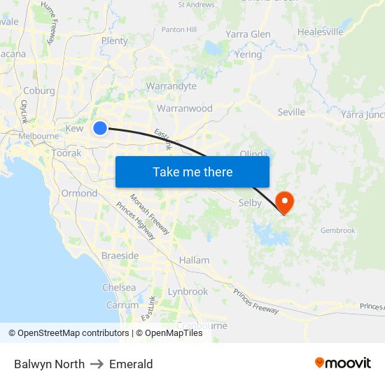 Balwyn North to Emerald map