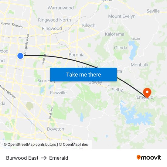 Burwood East to Emerald map