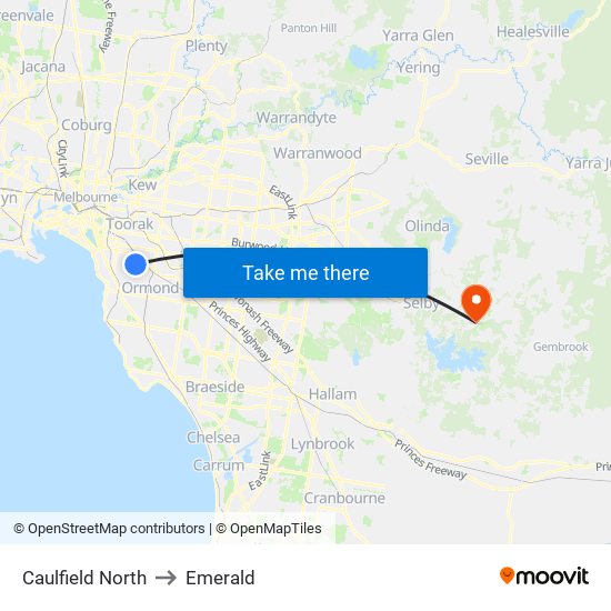 Caulfield North to Emerald map