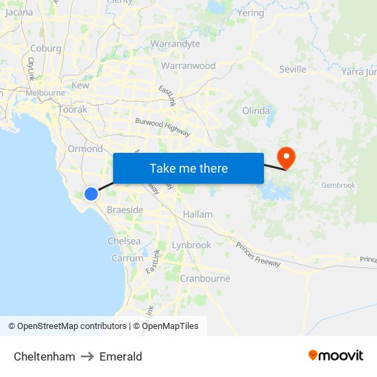 Cheltenham to Emerald map