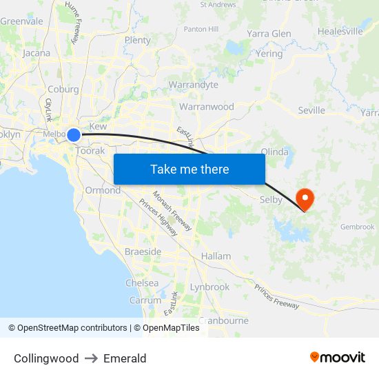 Collingwood to Emerald map