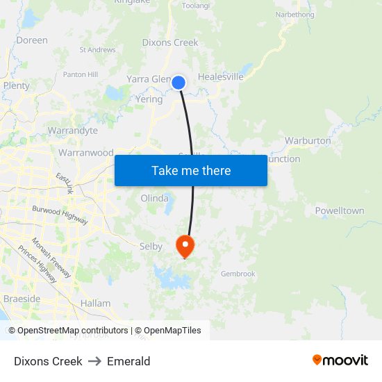 Dixons Creek to Emerald map