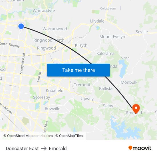 Doncaster East to Emerald map