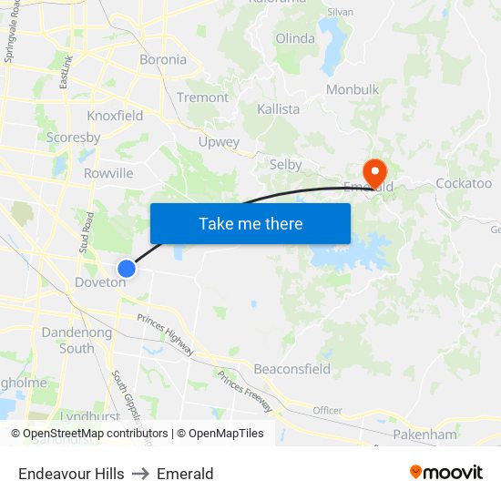 Endeavour Hills to Emerald map