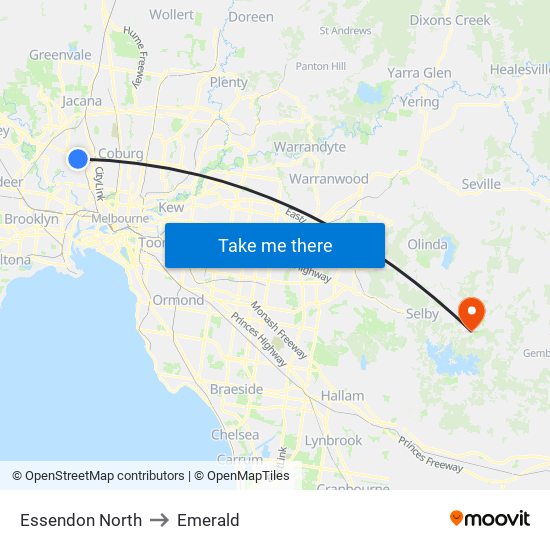 Essendon North to Emerald map