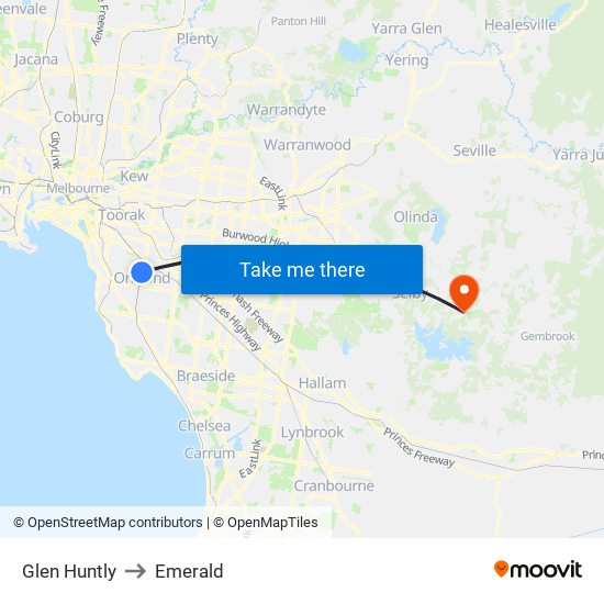 Glen Huntly to Emerald map