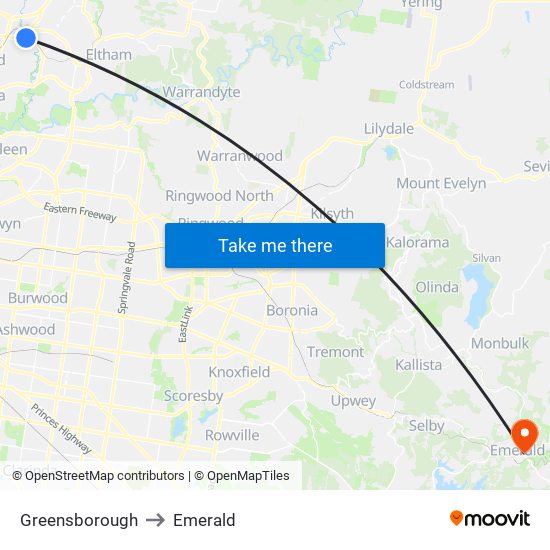 Greensborough to Emerald map