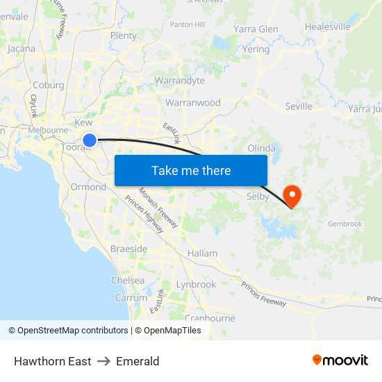 Hawthorn East to Emerald map