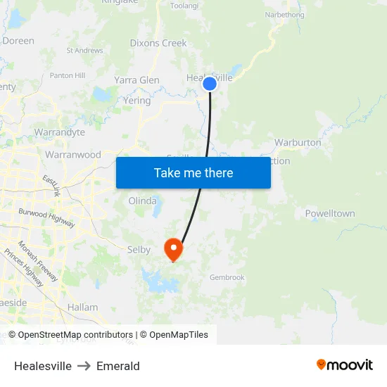 Healesville to Emerald map