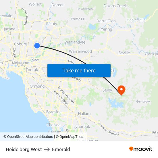 Heidelberg West to Emerald map